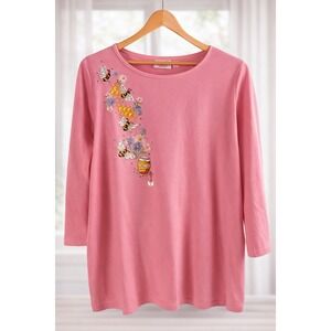 Quacker Factory Jeweled Knit Popover Top Tee T-Shirt Spring Bee Pink Size 1X